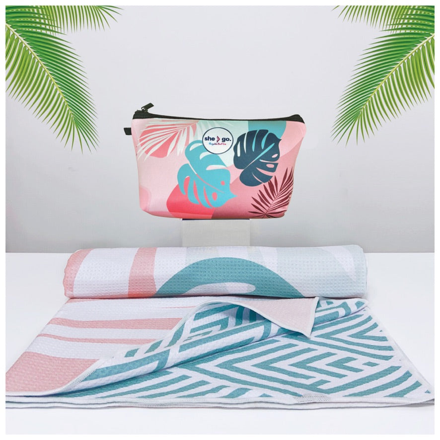 she-go. Collection Microfiber Beach Towel with Included Splash-Proof Neoprene Bag - Sand Free - Packable