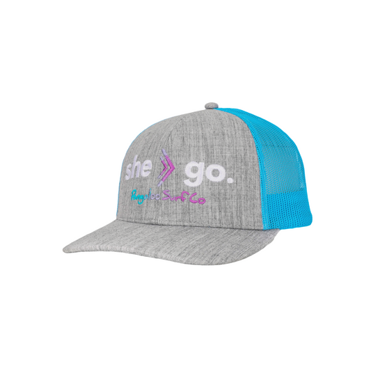 Women's/Girls Baseball Cap - she-go. Snap-Back Trucker Hat (Blue/Grey)