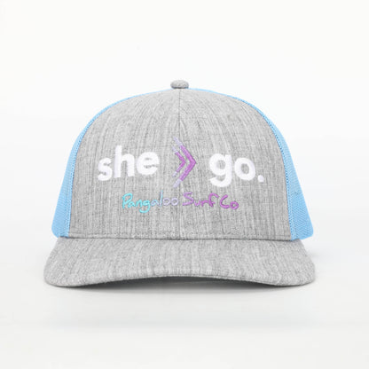 Women's/Girls Baseball Cap - she-go. Snap-Back Trucker Hat (Blue/Grey)