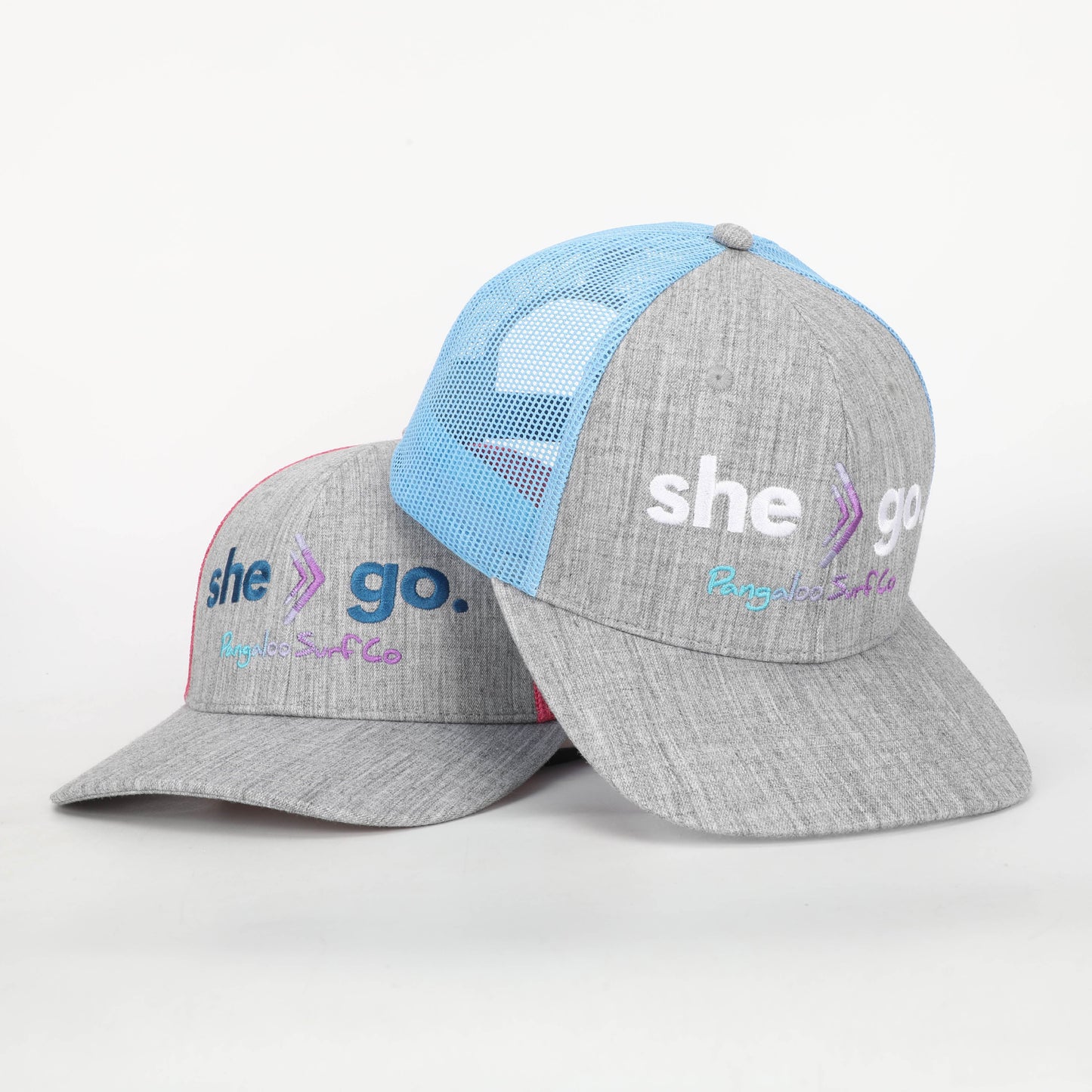 Women's/Girls Baseball Cap - she-go. Snap-Back Trucker Hat (Blue/Grey)