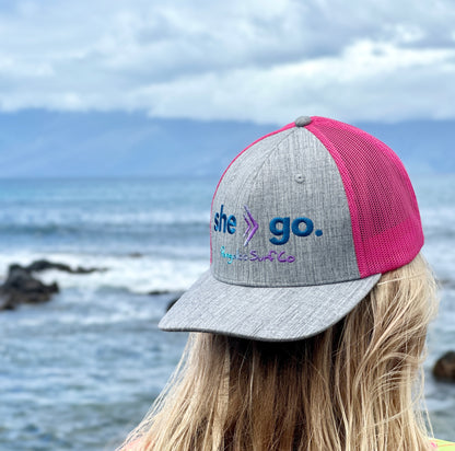 Women's/Girls Baseball Cap - she-go. Snap-Back Trucker Hat (Pink/Grey)