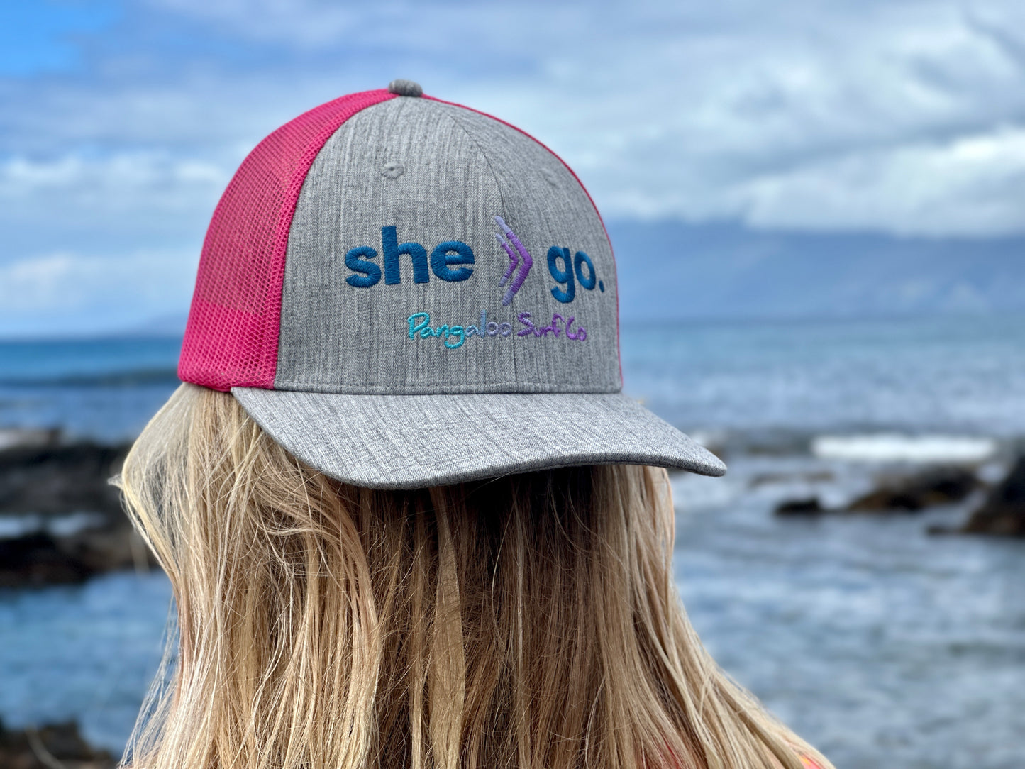 Women's/Girls Baseball Cap - she-go. Snap-Back Trucker Hat (Blue/Grey)